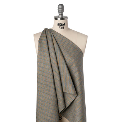 Medium Weight Linen Woven - Blue, Orange and Olive Stripes