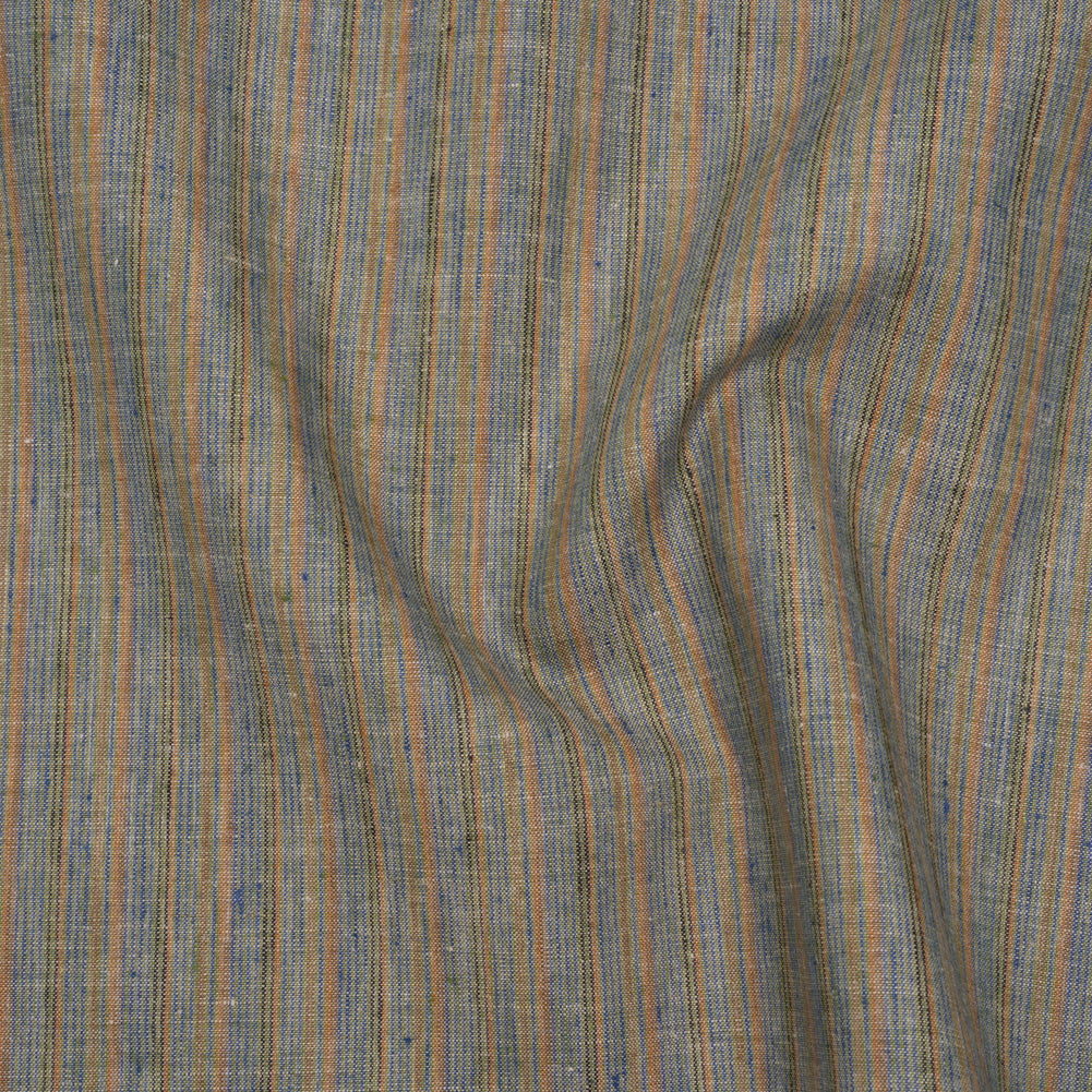 Medium Weight Linen Woven - Blue, Orange and Olive Stripes