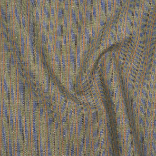 Medium Weight Linen Woven - Blue, Orange and Olive Stripes