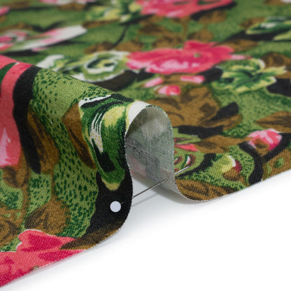 Medium Weight Linen Woven Print - Pink, Green and Brown Roses Detail