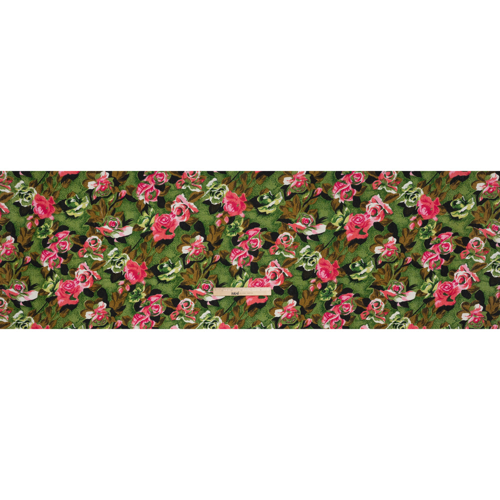 Medium Weight Linen Woven Print - Pink, Green and Brown Roses Full