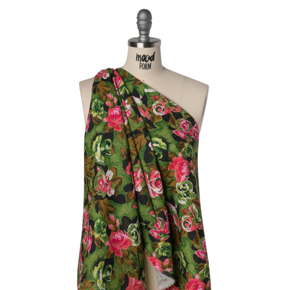 Medium Weight Linen Woven Print - Pink, Green and Brown Roses Drape