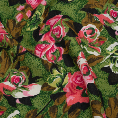 Medium Weight Linen Woven Print - Pink, Green and Brown Roses