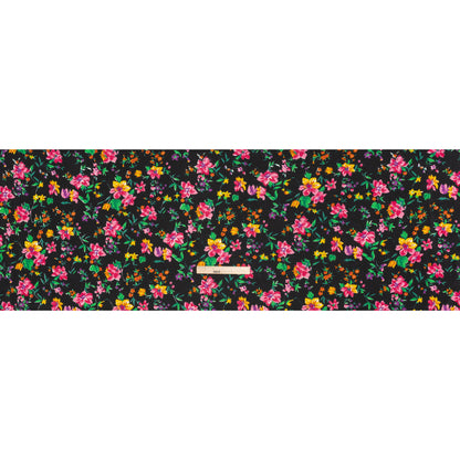 Medium Weight Linen Woven Print - Black, Pink and Purple Floral
