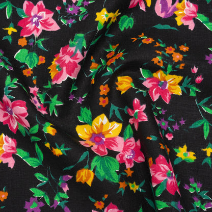 Medium Weight Linen Woven Print - Black, Pink and Purple Floral