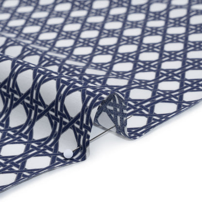 Cotton and Rayon Woven Shirting Print - Navy Blue and White Wicker Basket Lattice - Deadstock