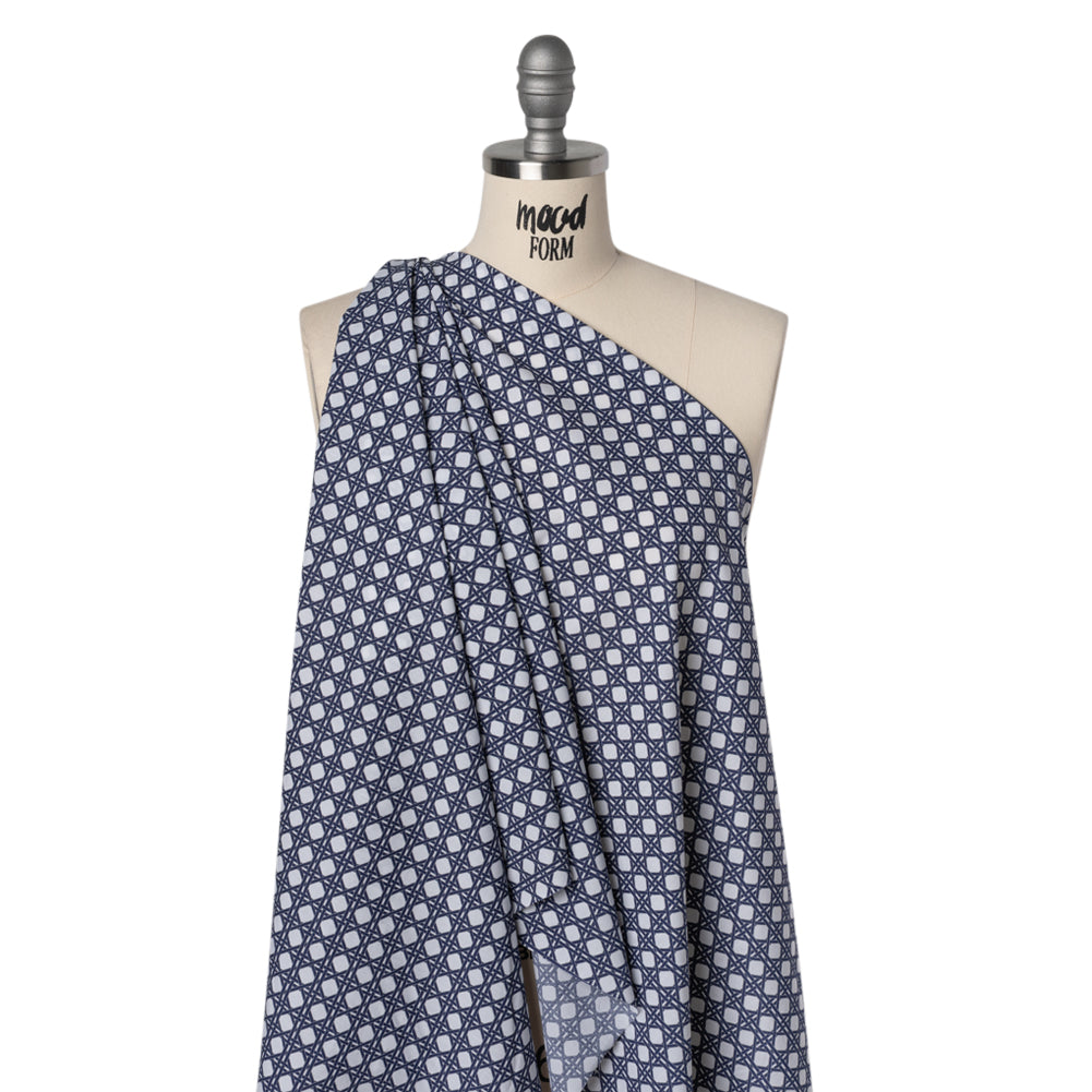 Cotton and Rayon Woven Shirting Print - Navy Blue and White Wicker Basket Lattice - Deadstock