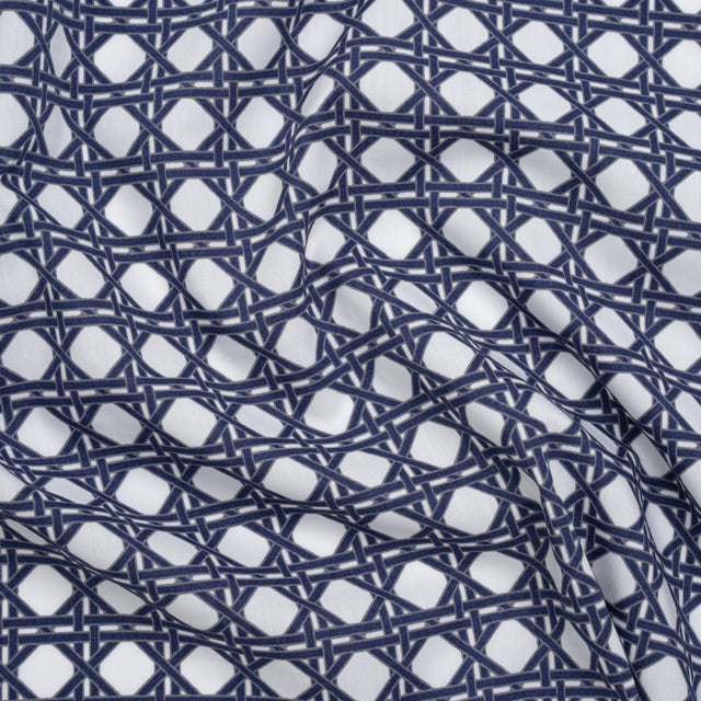 Cotton and Rayon Woven Shirting Print - Navy Blue and White Wicker Basket Lattice - Deadstock