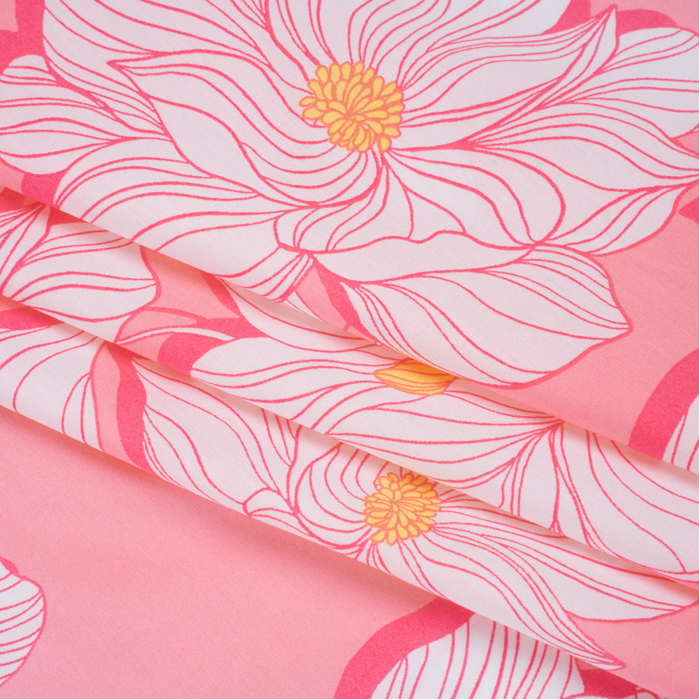 Cotton and Rayon Woven Shirting Print - Baby Pink, Hot Pink and Yellow Blooms - Deadstock