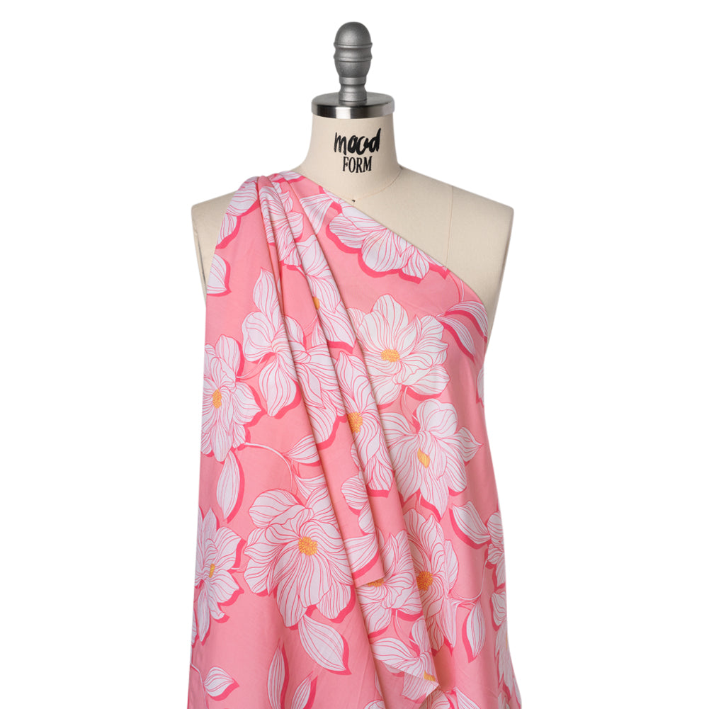 Cotton and Rayon Woven Shirting Print - Baby Pink, Hot Pink and Yellow Blooms - Deadstock