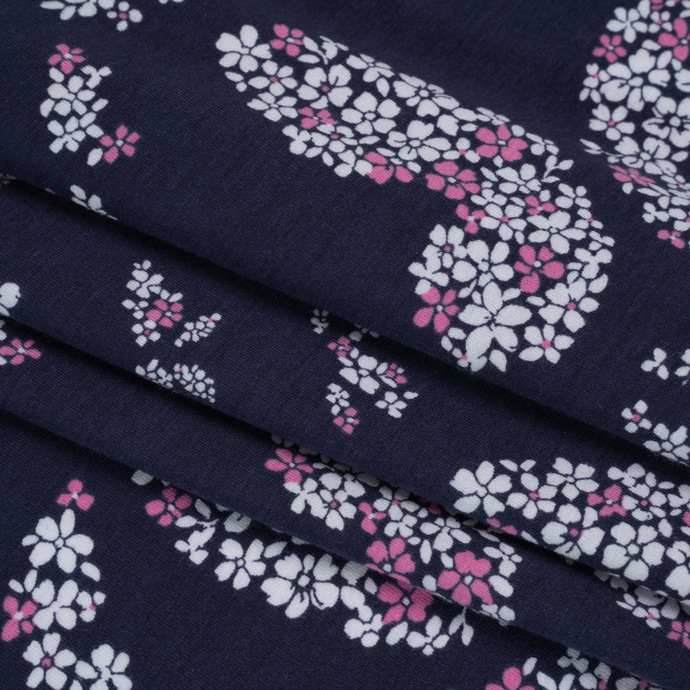 Stretch Rayon Jersey Print - Navy, Pink and White Floral Butterflies - Deadstock