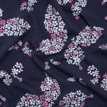 Stretch Rayon Jersey Print - Navy, Pink and White Floral Butterflies - Deadstock