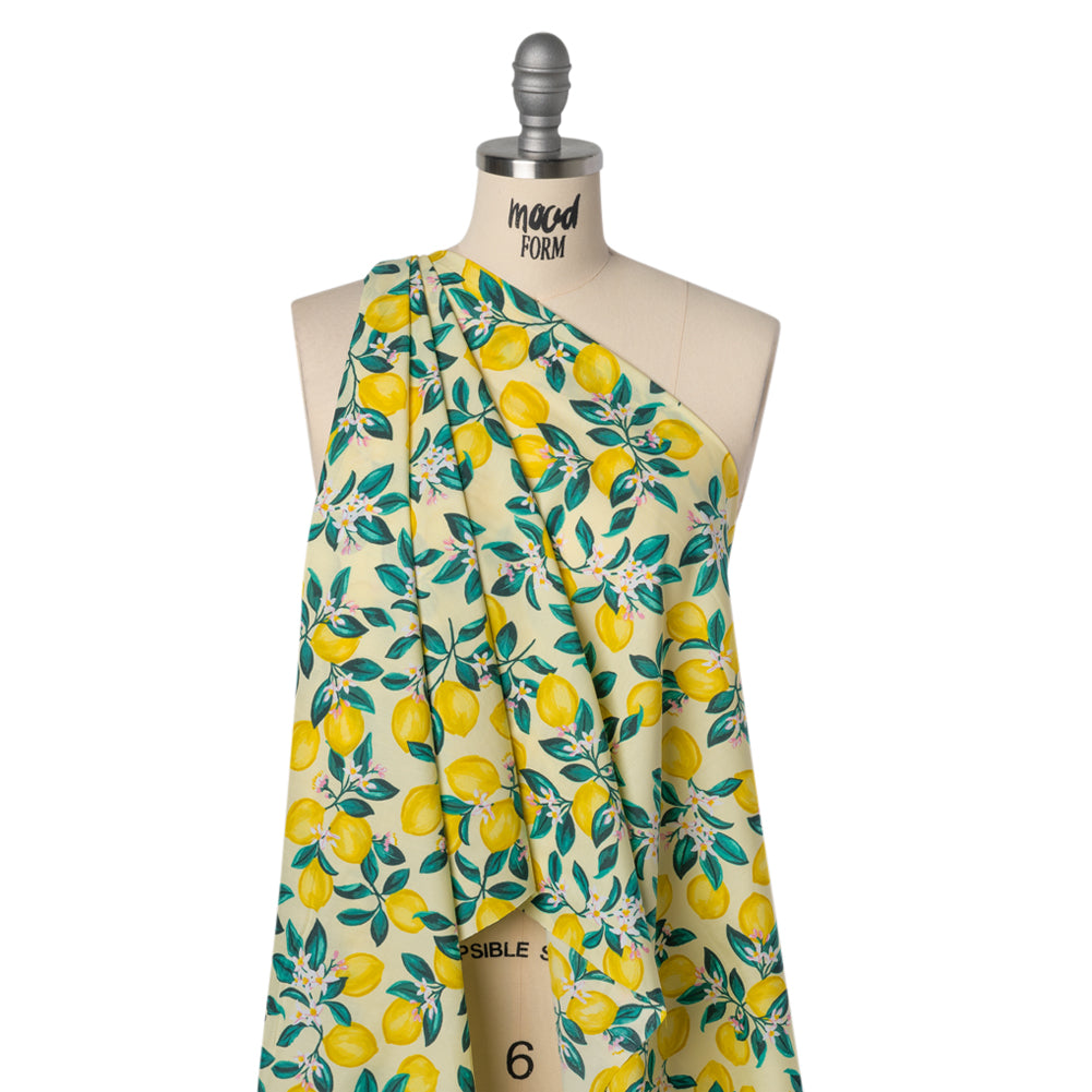 Cotton and Rayon Woven Shirting Print - Yellow and Green Lemon Tree - Deadstock