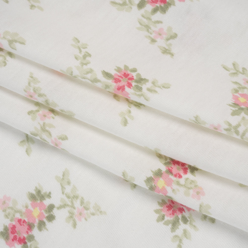 Cotton and Viscose Jersey - White, Pink and Sage Green Floral - Deadstock