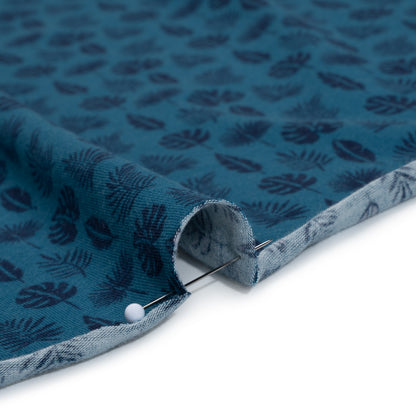 Stretch Cotton Jersey Print - Blue and Navy Palm Leaves - Deadstock