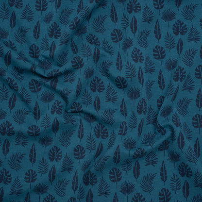 Stretch Cotton Jersey Print - Blue and Navy Palm Leaves - Deadstock