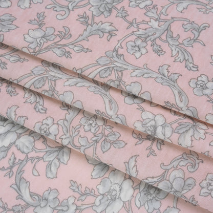 Cotton and Viscose Jersey Print - Light Pink, Ivory and Gray Rose Vines - Deadstock