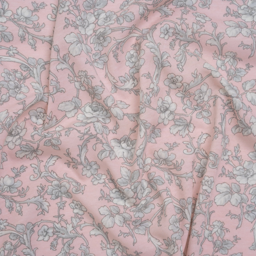 Cotton and Viscose Jersey Print - Light Pink, Ivory and Gray Rose Vines - Deadstock
