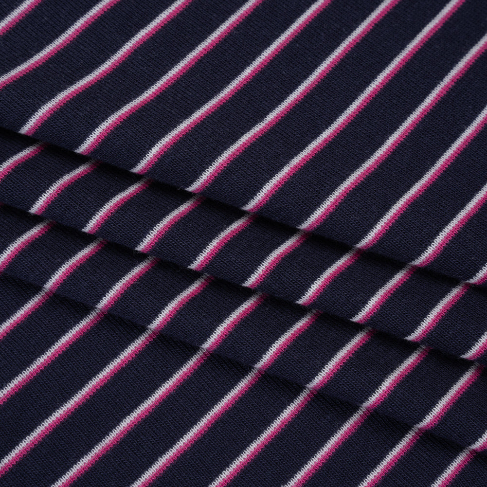 Cotton and Polyester 1x1 Rib Knit - Fuchsia, White and Navy Shadow Stripes - Deadstock
