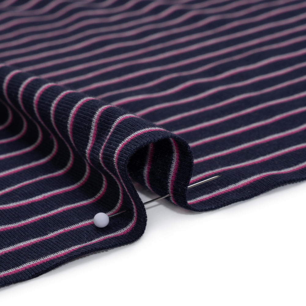Cotton and Polyester 1x1 Rib Knit - Fuchsia, White and Navy Shadow Stripes - Deadstock