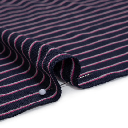 Cotton and Polyester 1x1 Rib Knit - Fuchsia, White and Navy Shadow Stripes - Deadstock