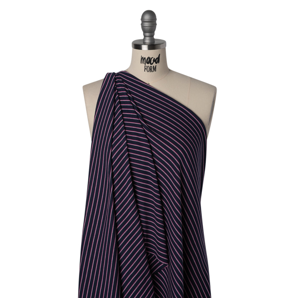 Cotton and Polyester 1x1 Rib Knit - Fuchsia, White and Navy Shadow Stripes - Deadstock