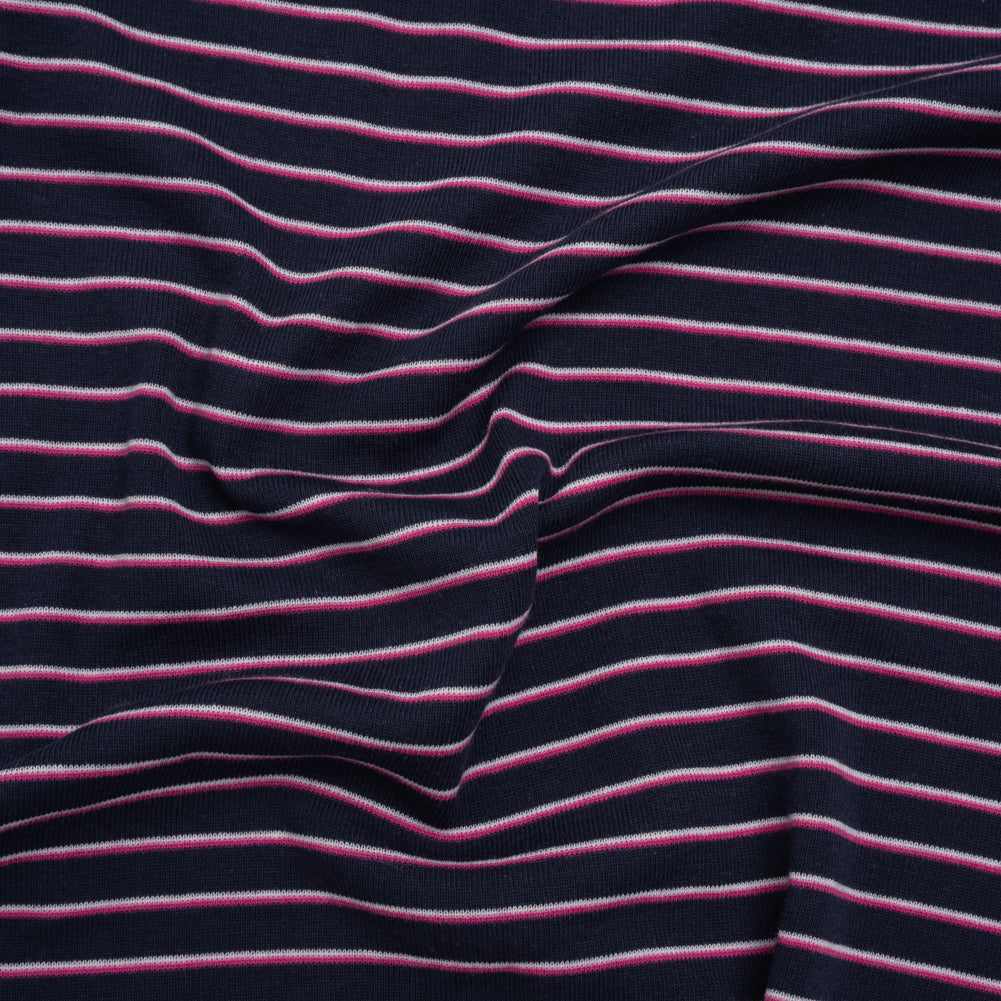Cotton and Polyester 1x1 Rib Knit - Fuchsia, White and Navy Shadow Stripes - Deadstock