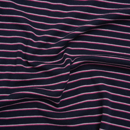 Cotton and Polyester 1x1 Rib Knit - Fuchsia, White and Navy Shadow Stripes - Deadstock