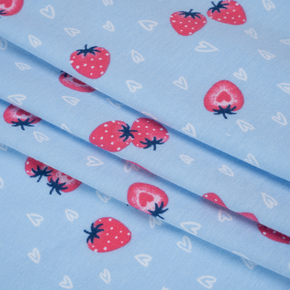 Stretch Cotton and Modal Jersey - Light Blue, White and Pink Strawberry Hearts - Deadstock