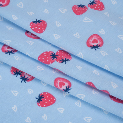 Stretch Cotton and Modal Jersey - Light Blue, White and Pink Strawberry Hearts - Deadstock