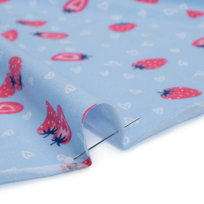 Stretch Cotton and Modal Jersey - Light Blue, White and Pink Strawberry Hearts - Deadstock