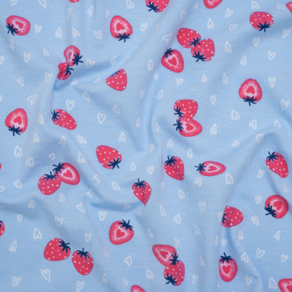 Stretch Cotton and Modal Jersey - Light Blue, White and Pink Strawberry Hearts - Deadstock