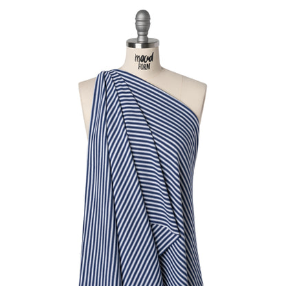 Cotton and Viscose Interlock Knit - Navy and White Stripes - Deadstock