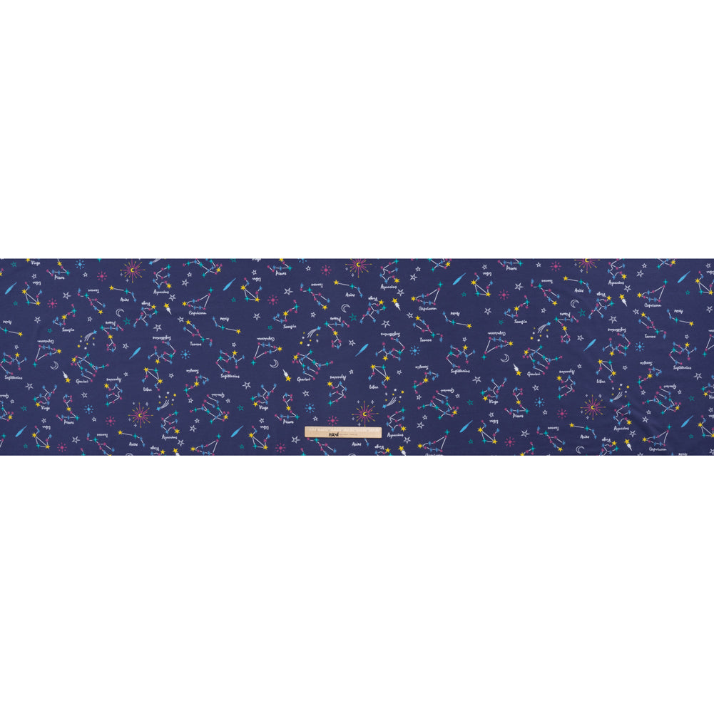 Stretch Cotton and Modal Jersey - Navy, White and Multicolor Zodiac Stars - Deadstock