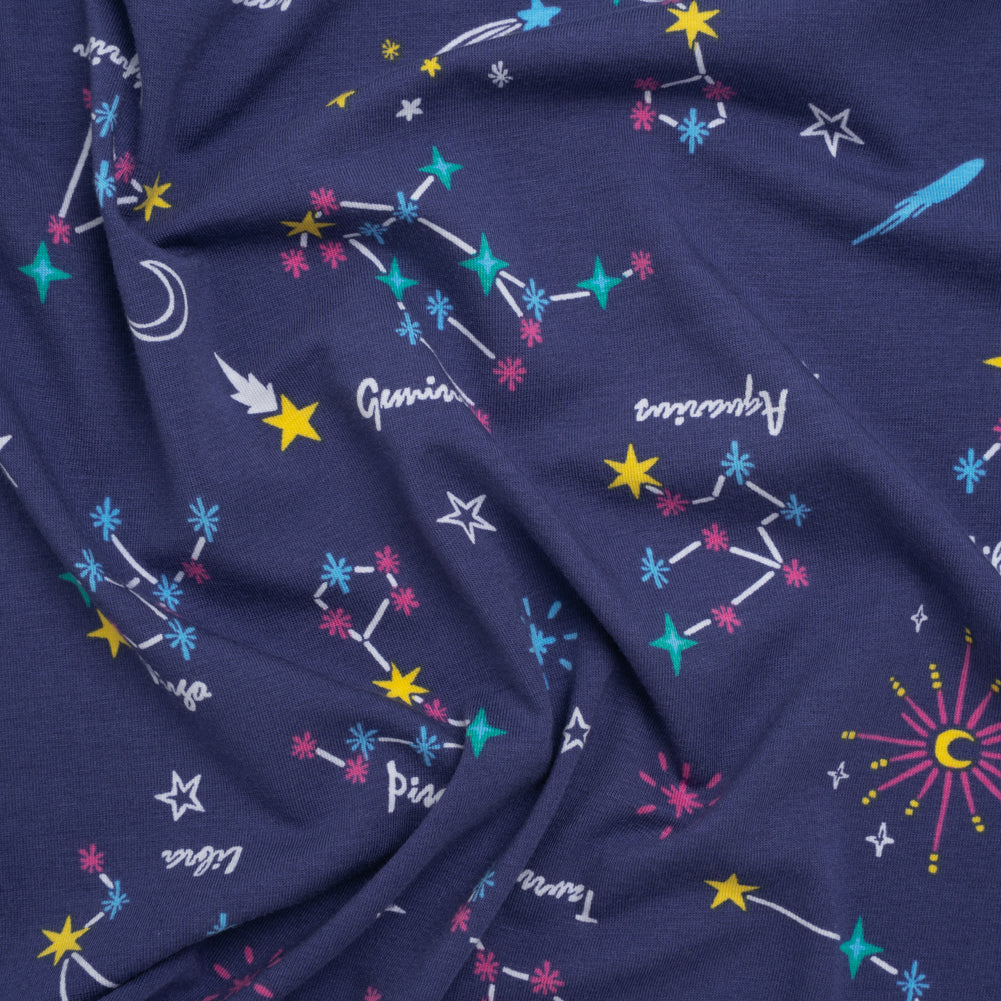 Stretch Cotton and Modal Jersey - Navy, White and Multicolor Zodiac Stars - Deadstock