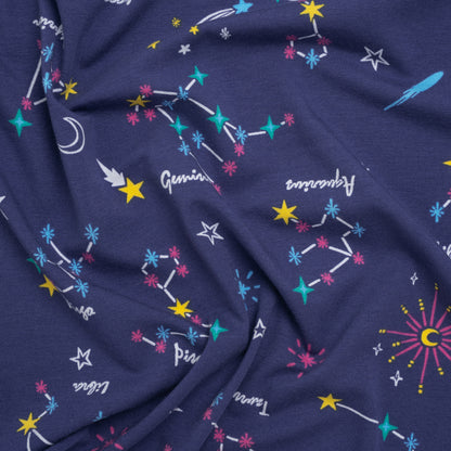 Stretch Cotton and Modal Jersey - Navy, White and Multicolor Zodiac Stars - Deadstock