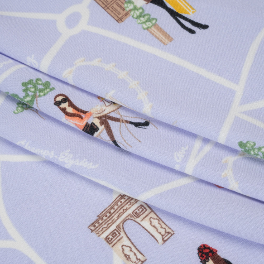 Stretch Polyester ITY Jersey Print - Periwinkle, White and Brown Girls in Paris - Deadstock