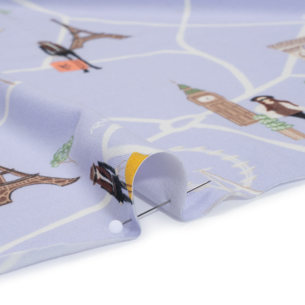 Stretch Polyester ITY Jersey Print - Periwinkle, White and Brown Girls in Paris - Deadstock