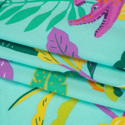 Stretch Polyester ITY Jersey Print - Aqua, Pink and Yellow Crocodiles and Palm Leaves - Deadstock