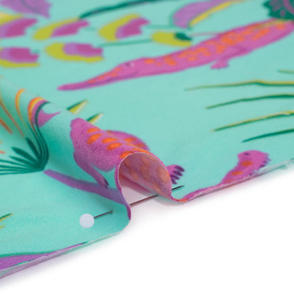 Stretch Polyester ITY Jersey Print - Aqua, Pink and Yellow Crocodiles and Palm Leaves - Deadstock
