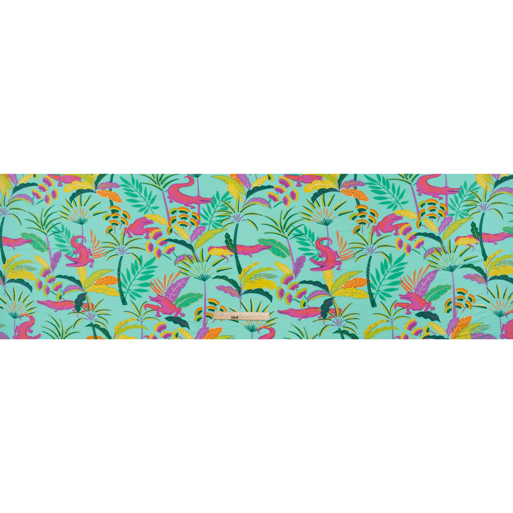 Stretch Polyester ITY Jersey Print - Aqua, Pink and Yellow Crocodiles and Palm Leaves - Deadstock