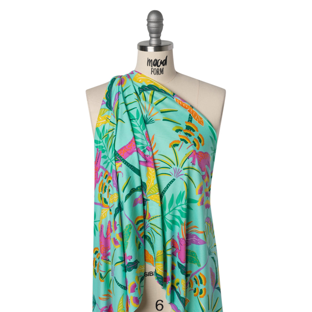 Stretch Polyester ITY Jersey Print - Aqua, Pink and Yellow Crocodiles and Palm Leaves - Deadstock