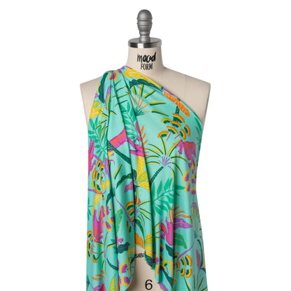Stretch Polyester ITY Jersey Print - Aqua, Pink and Yellow Crocodiles and Palm Leaves - Deadstock