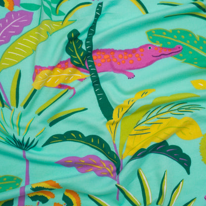 Stretch Polyester ITY Jersey Print - Aqua, Pink and Yellow Crocodiles and Palm Leaves - Deadstock