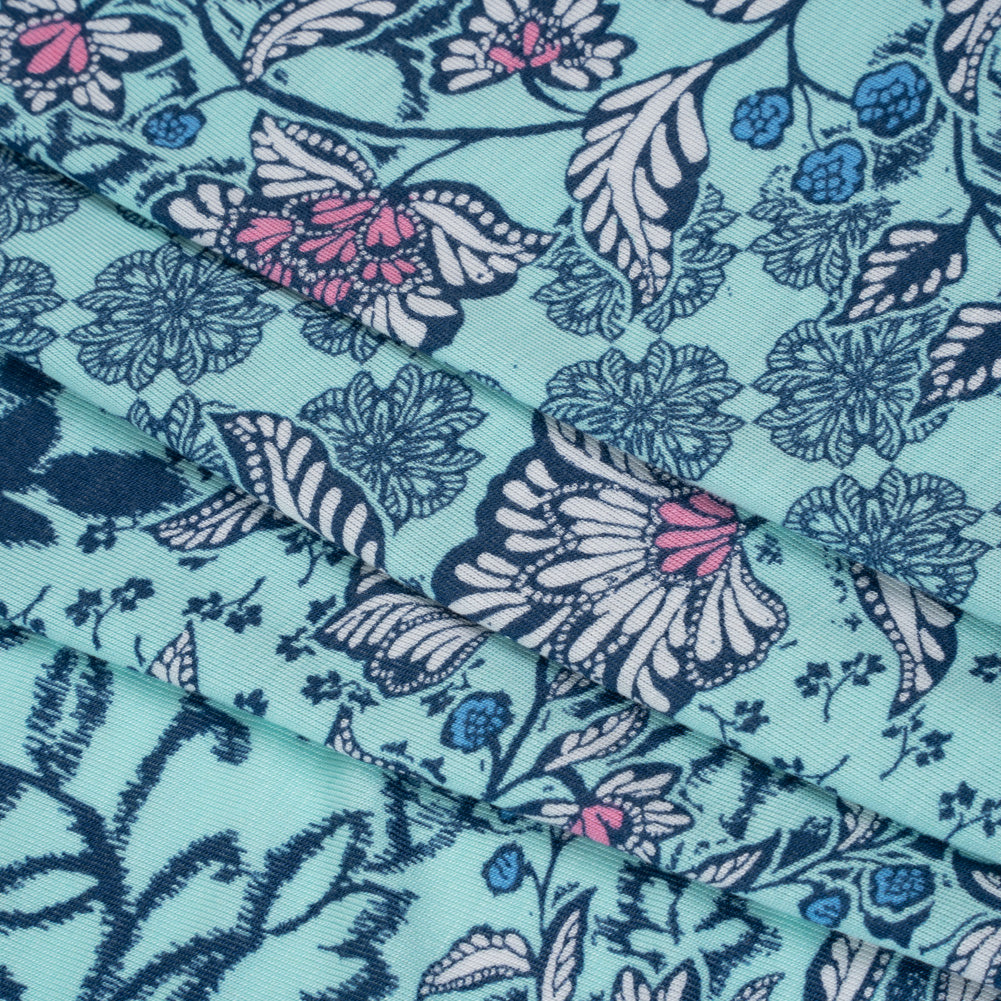 Stretch Rayon Jersey Print - Aqua, Navy Blue and Pink Floral Patches - Deadstock