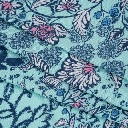 Stretch Rayon Jersey Print - Aqua, Navy Blue and Pink Floral Patches - Deadstock