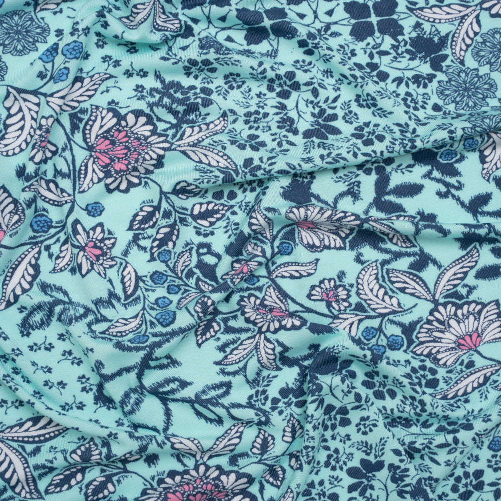 Stretch Rayon Jersey Print - Aqua, Navy Blue and Pink Floral Patches - Deadstock