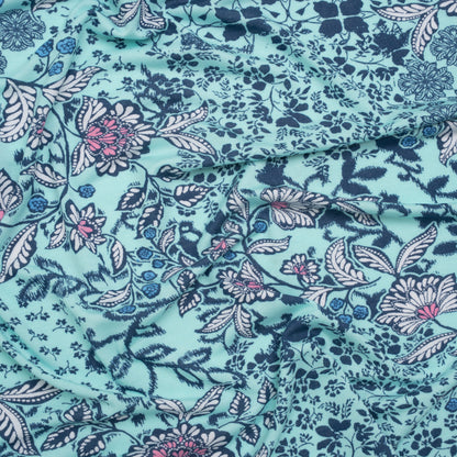 Stretch Rayon Jersey Print - Aqua, Navy Blue and Pink Floral Patches - Deadstock
