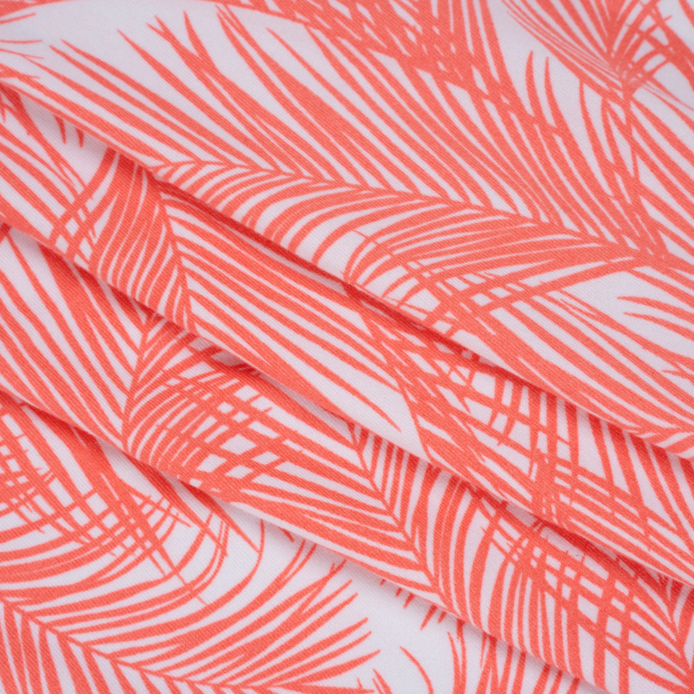 Stretch Polyester ITY Jersey Print - Coral Pink and White Palm Fronds - Deadstock