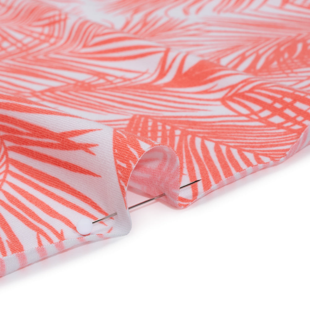 Stretch Polyester ITY Jersey Print - Coral Pink and White Palm Fronds - Deadstock
